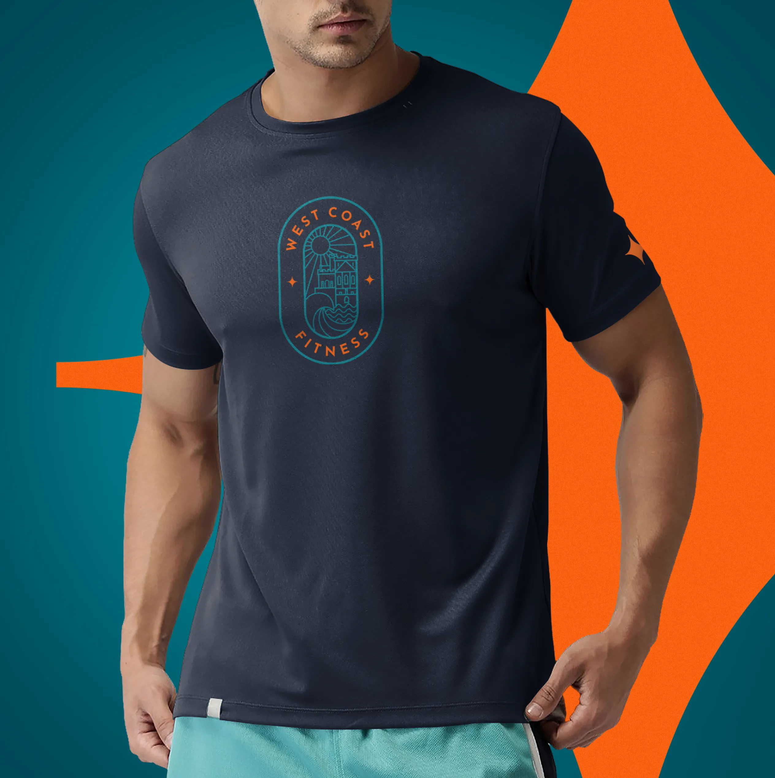West Coast Fitness branded navy t-shirt featuring the logo designed by DotPerformance for the Peel fitness centre on the Isle of Man